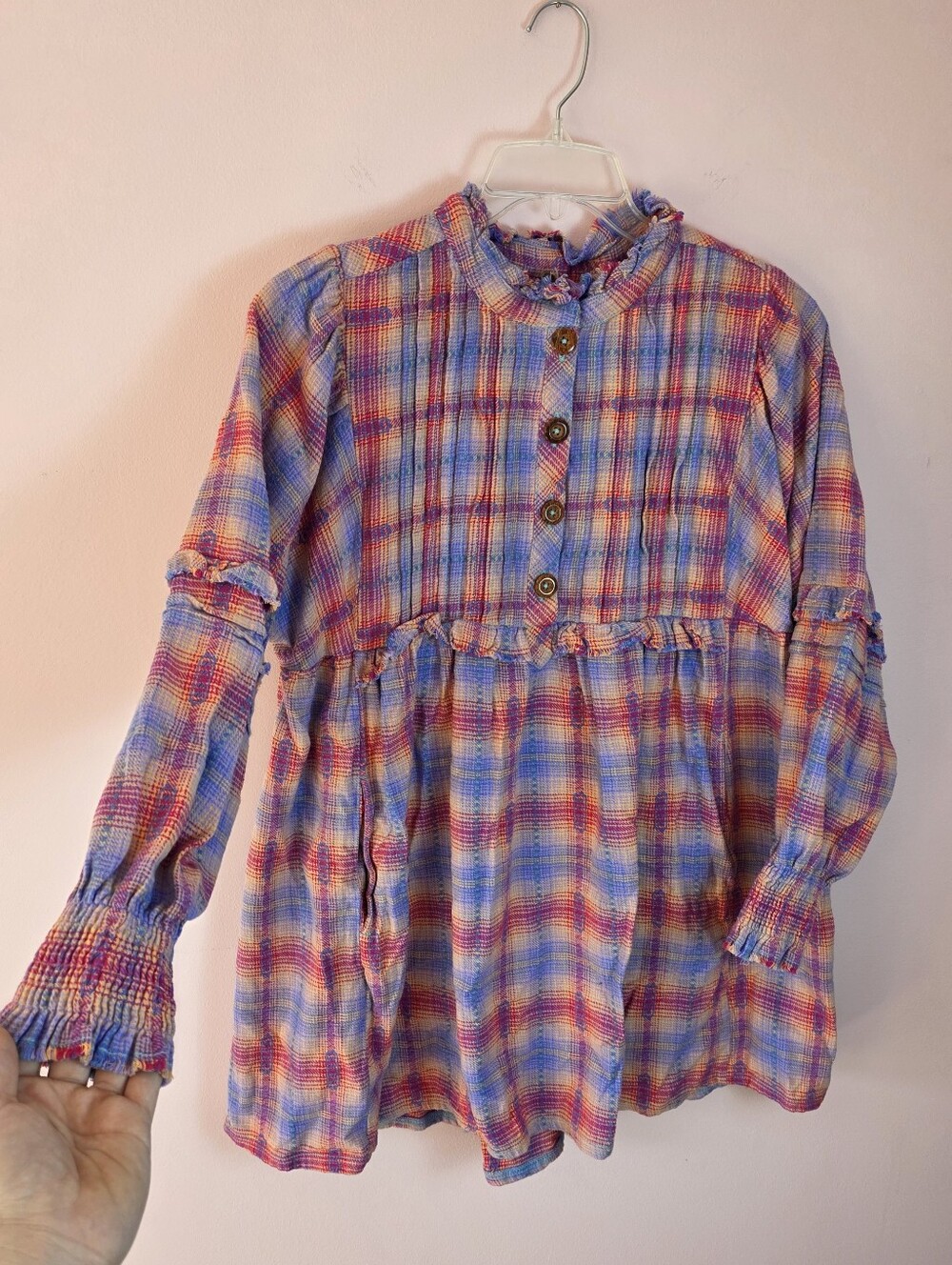 Free People Pink Lavender Plaid Ruffle Tunic Dress - Picture 3 of 8